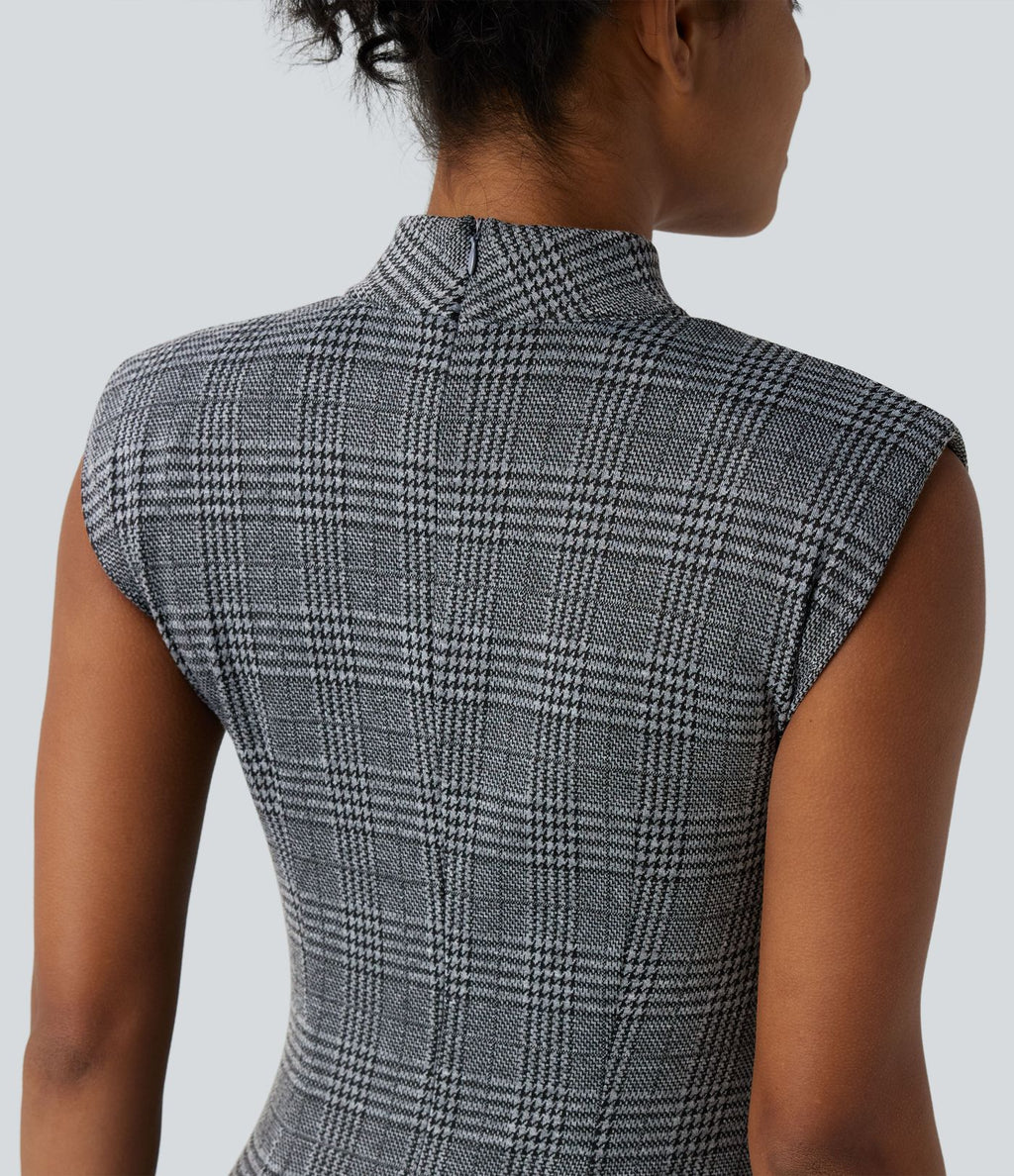 Robe de travail midi moulante sans manches col montant pied-de-poule à carreaux