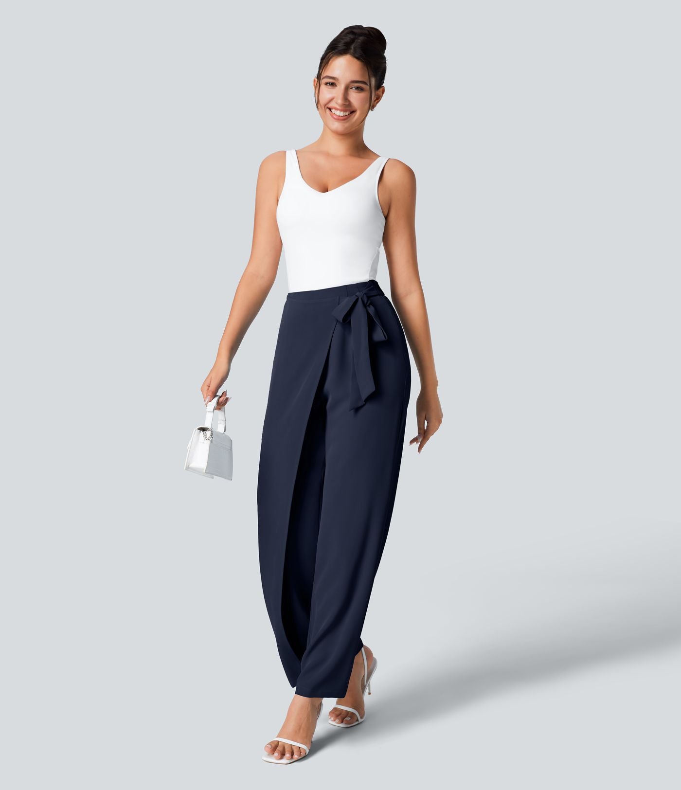 Pantalon Tailleur Large Fluide Taille Haute Fermeture Éclair Invisible