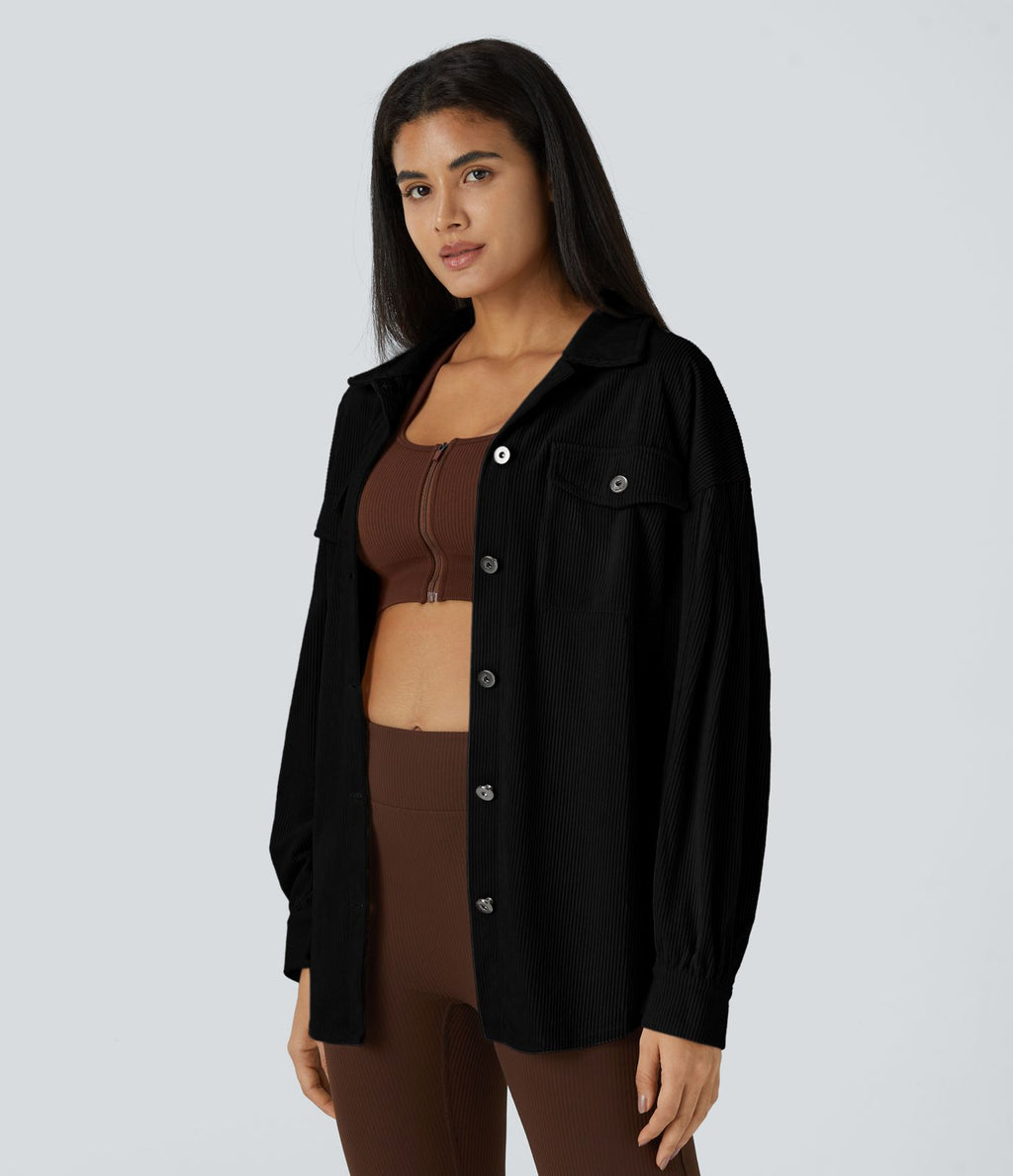 Veste Casual en Velours Côtelé à Col Boutonné Poches et Manches Longues Ourlet Courbé