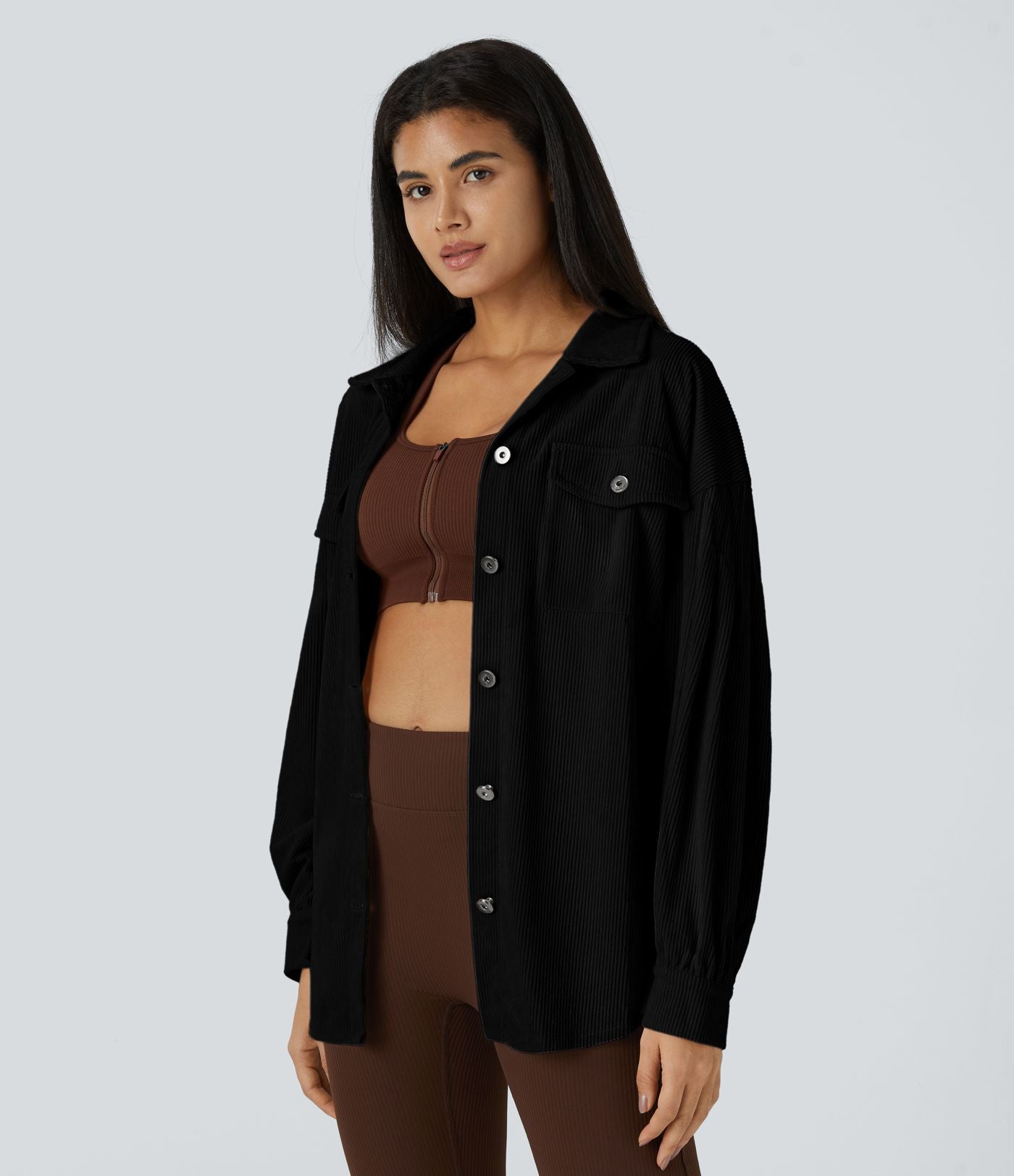 Veste Casual en Velours Côtelé à Col Boutonné Poches et Manches Longues Ourlet Courbé