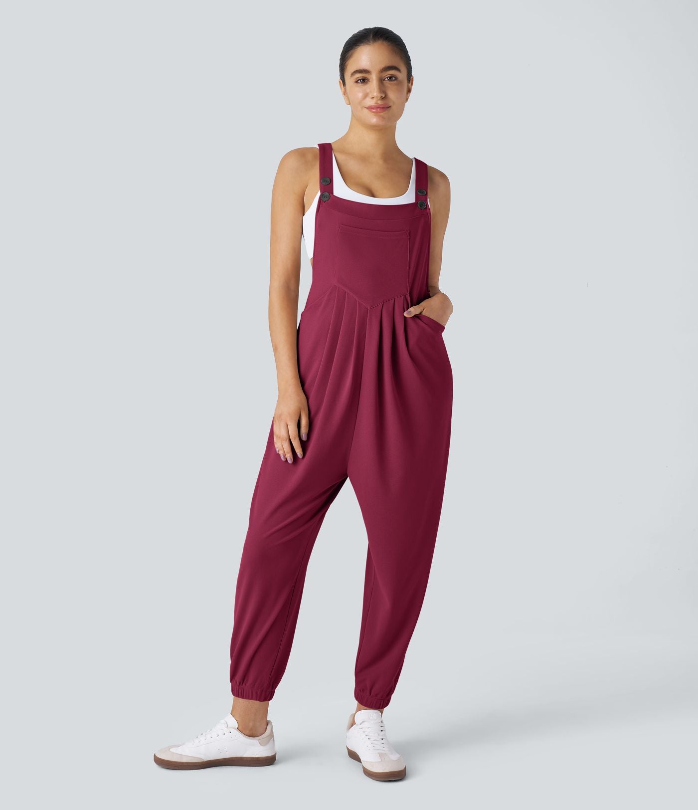Salopette Casual Bretelles Ajustables Boutonnés Multiples Poches Plis et Tissu Gaufré