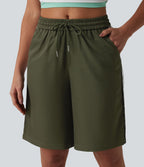 Short ample décontracté à taille mi-haute, cordon de serrage, rayures contrastées léopard, 25 cm, avec poches