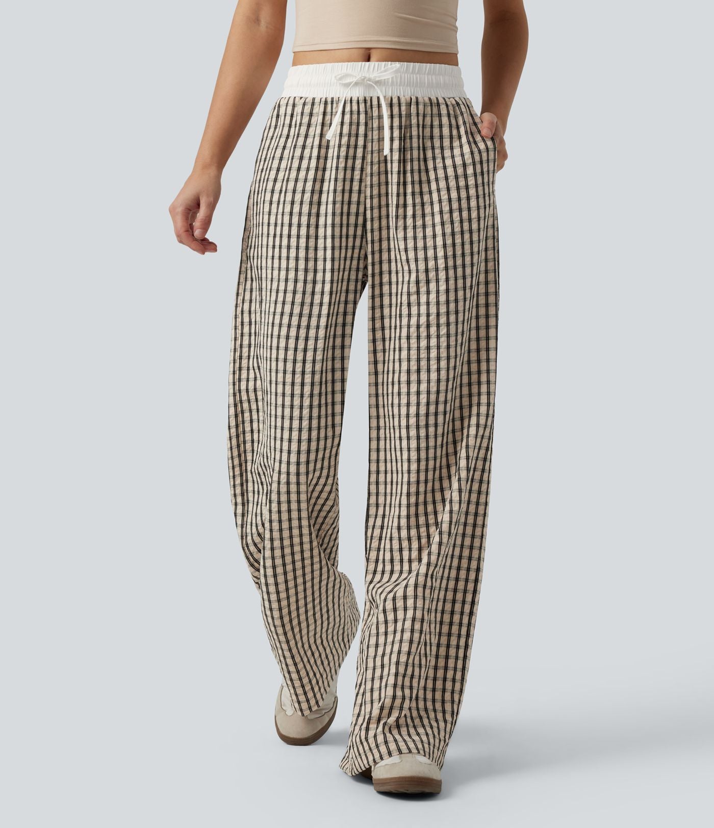 Pantalon large décontracté à carreaux taille mi-haute avec cordon de serrage et poches