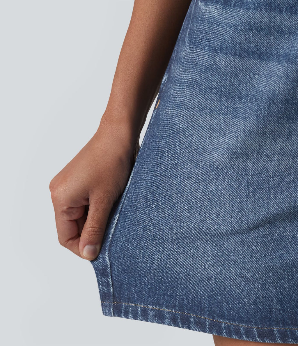 Jupe décontractée taille haute en denim imprimé, molleton français, avec poches