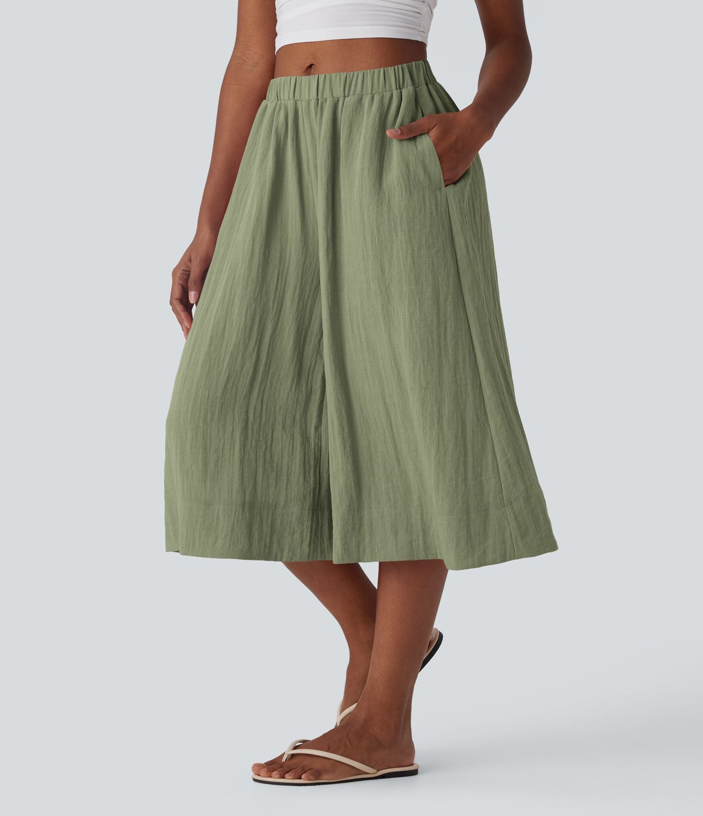 Pantalon fluide large taille mi-haute effet lin avec poche