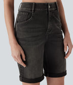Bermuda décontracté en jean extensible délavé Halara Flex™ taille haute avec revers et multiples poches