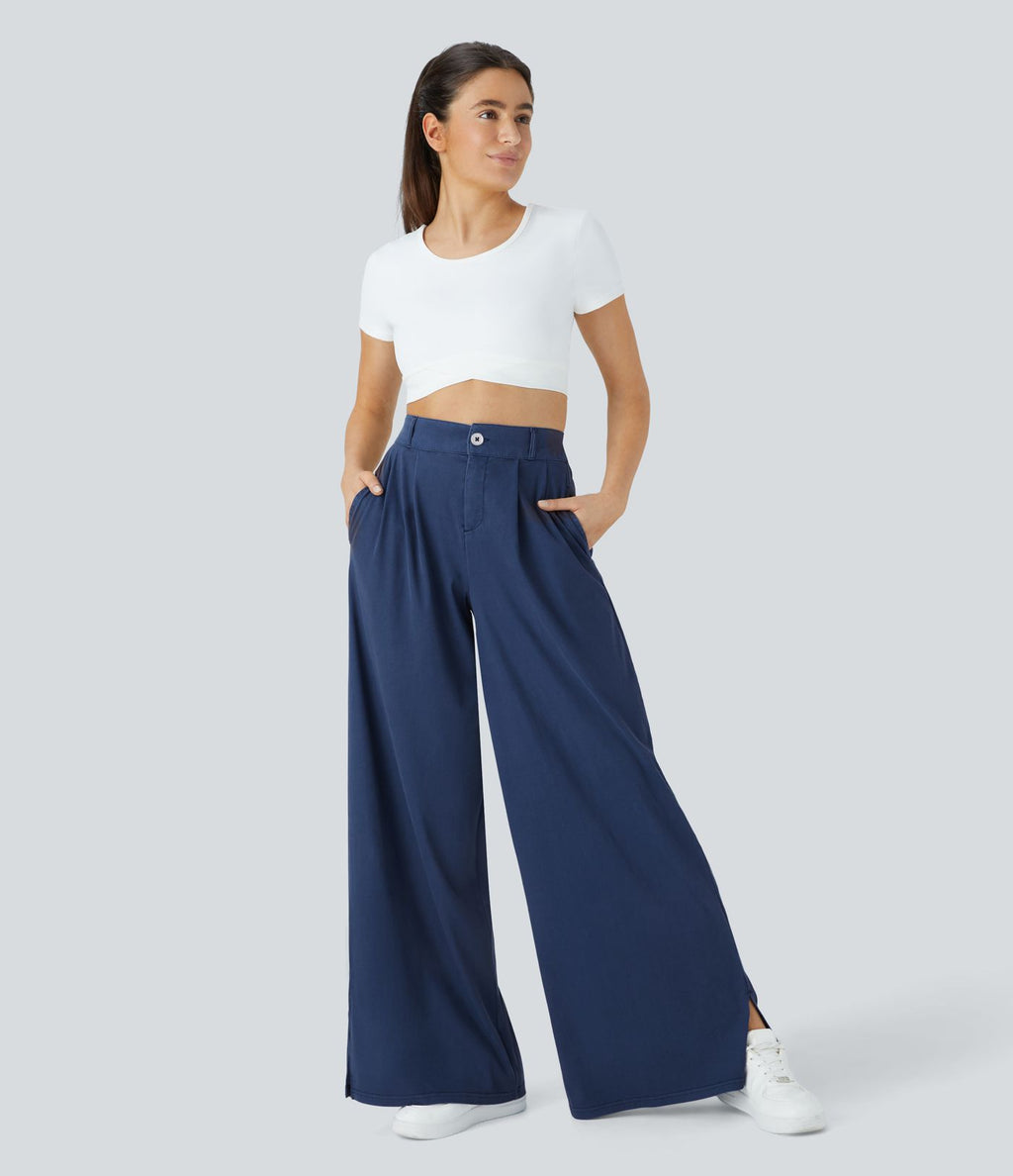 Pantalon Large Casual Taille Haute Boutonnés Fermeture Éclair Plissé Poches Latérales Ourlet Fendu