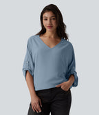 Blouse esprit bureau défroissage facile, col V et manches longues