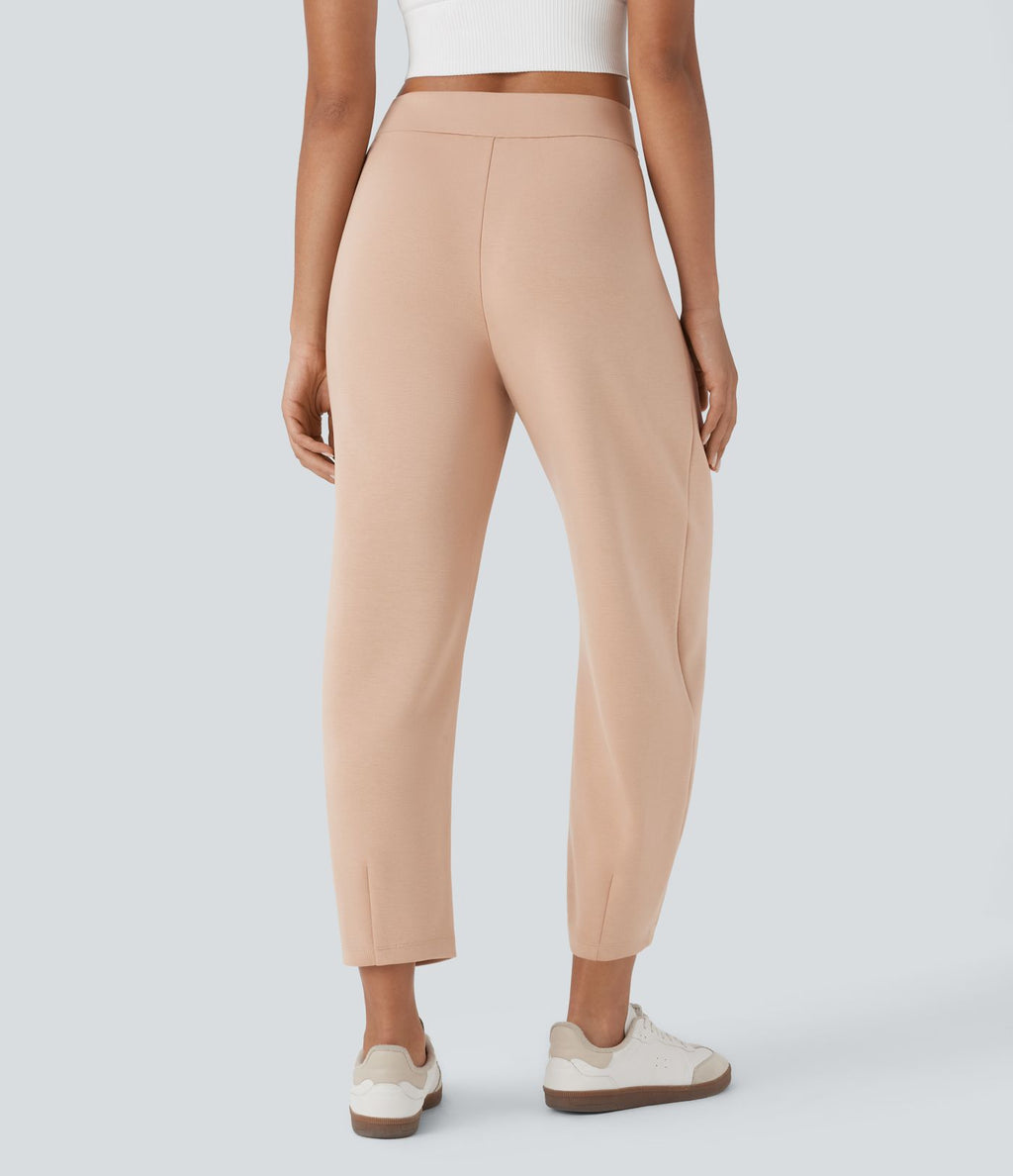 Pantalon décontracté taille haute coupe tonneau avec poches