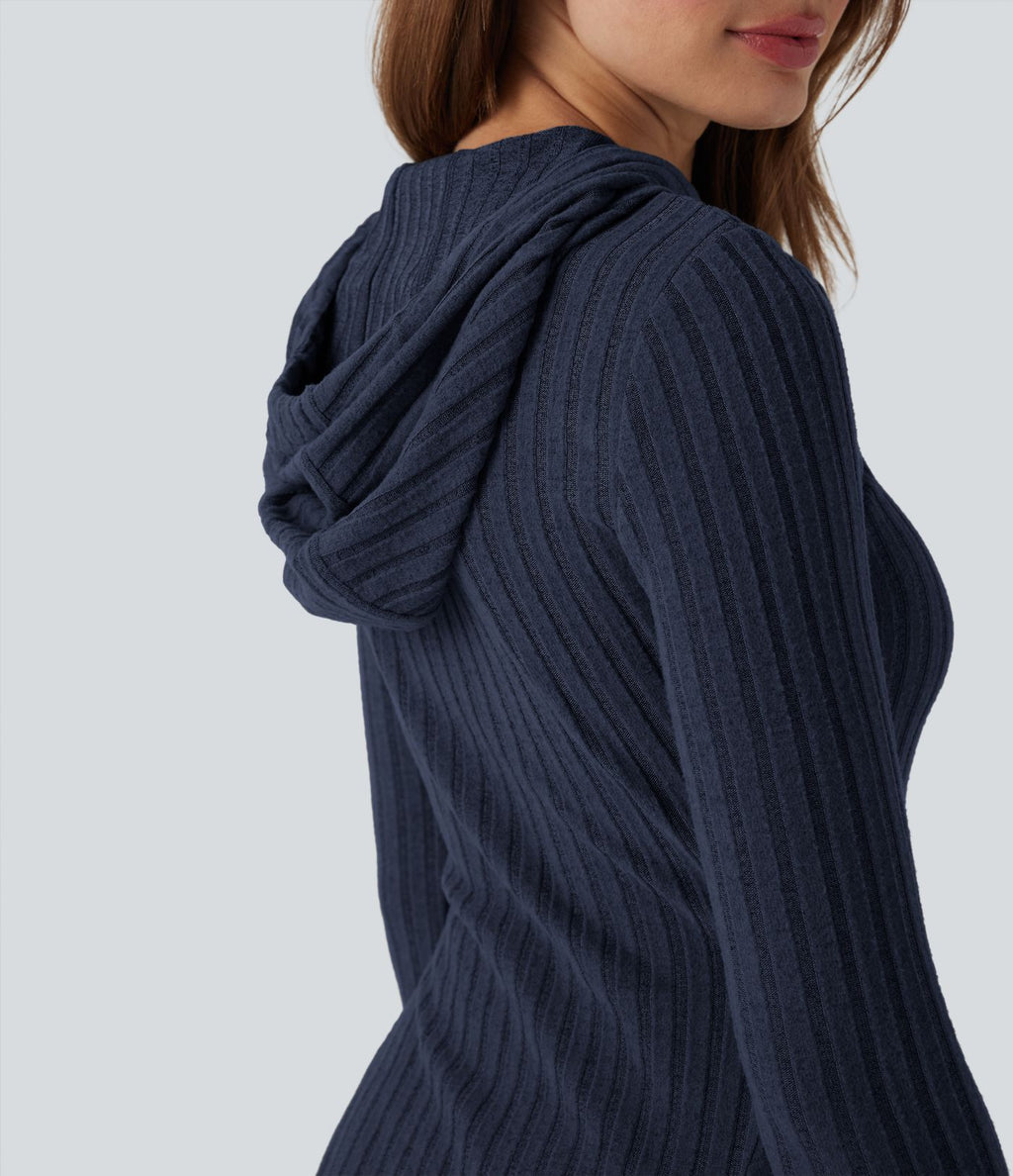 Robe décontractée mini à capuche maille côtelée manches longues avec cordon de serrage