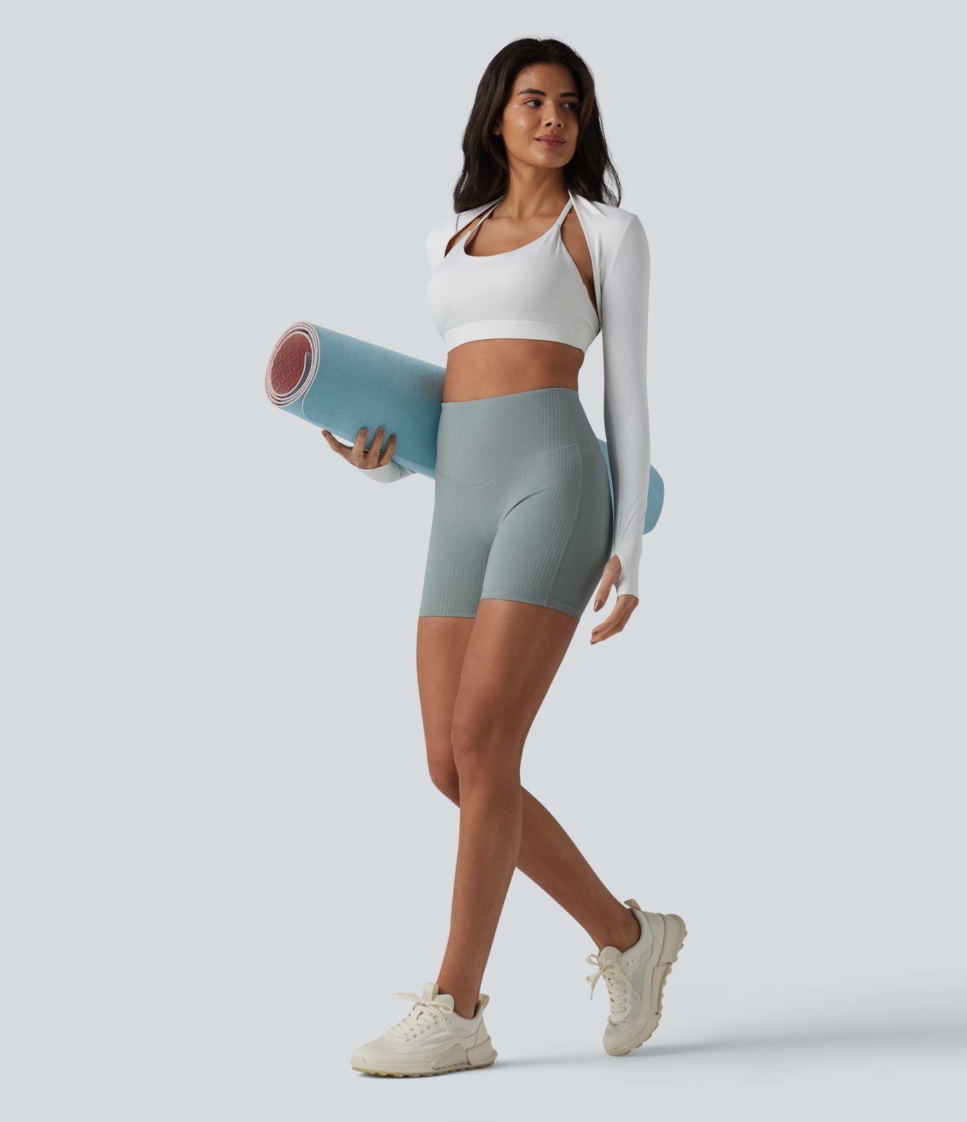 Short cycliste de yoga côtelé taille haute 12,5 cm avec poche
