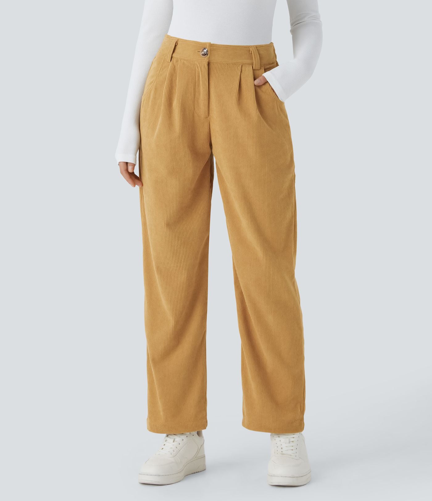 Pantalon en velours côtelé décontracté taille moyenne avec poches latérales