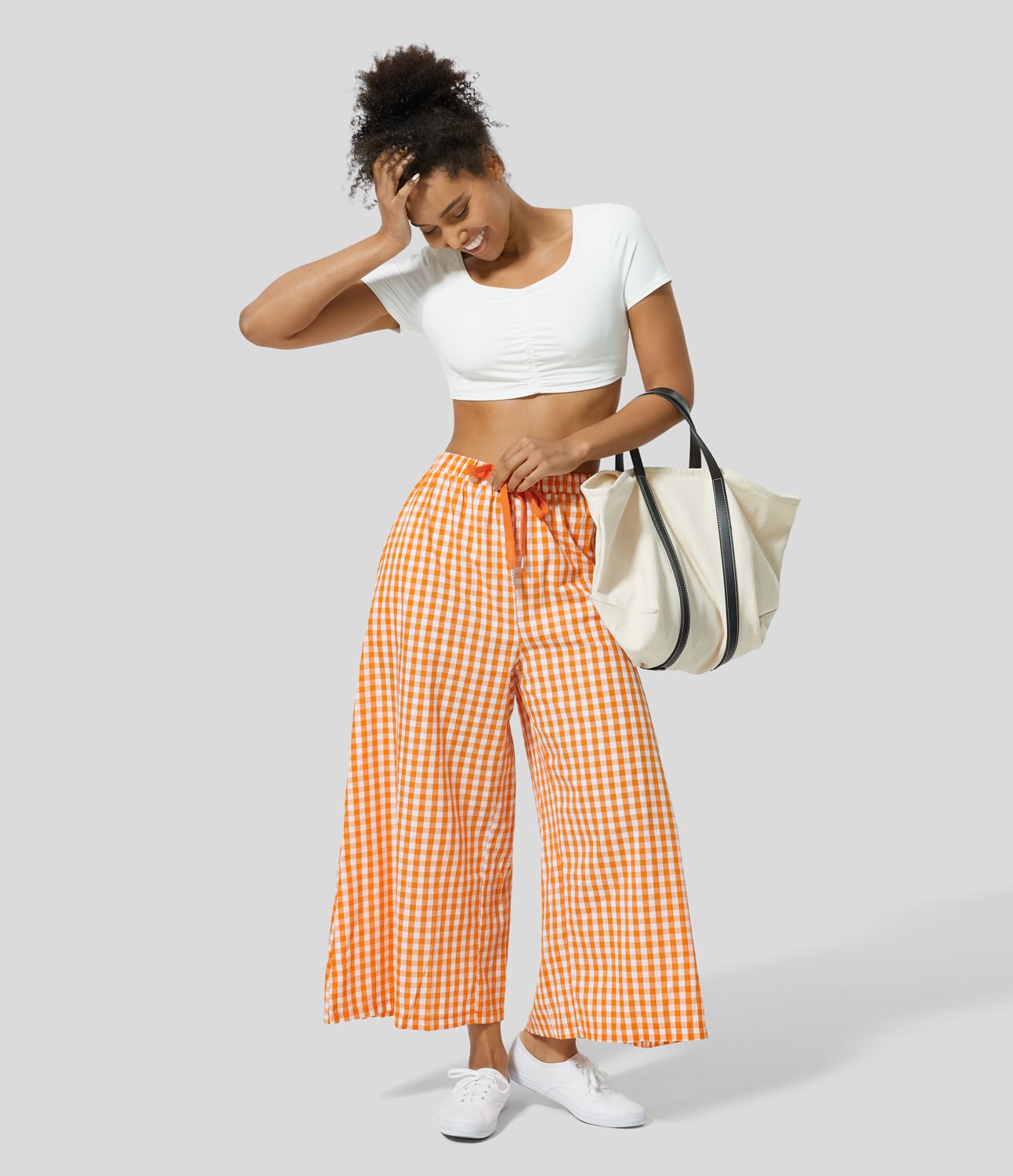 Pantalon en Coton Casual à Carreaux à Taille Haute avec Cordon de Serrage et Poches Latérales Amples