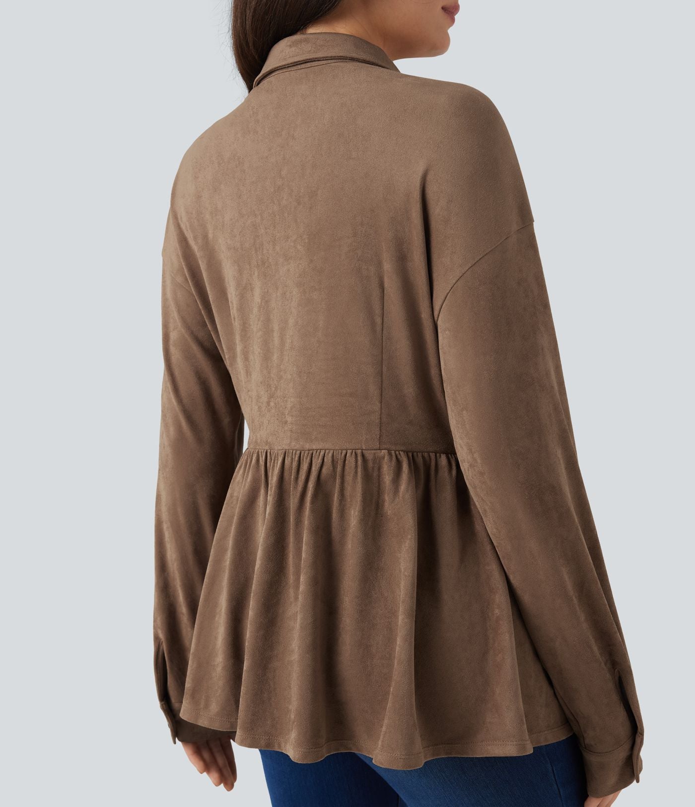 Veste-chemise décontractée effet daim manches longues à ourlet volants avec poches