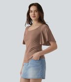 T-shirt décontracté maille côtelée col carré manches papillon froncé
