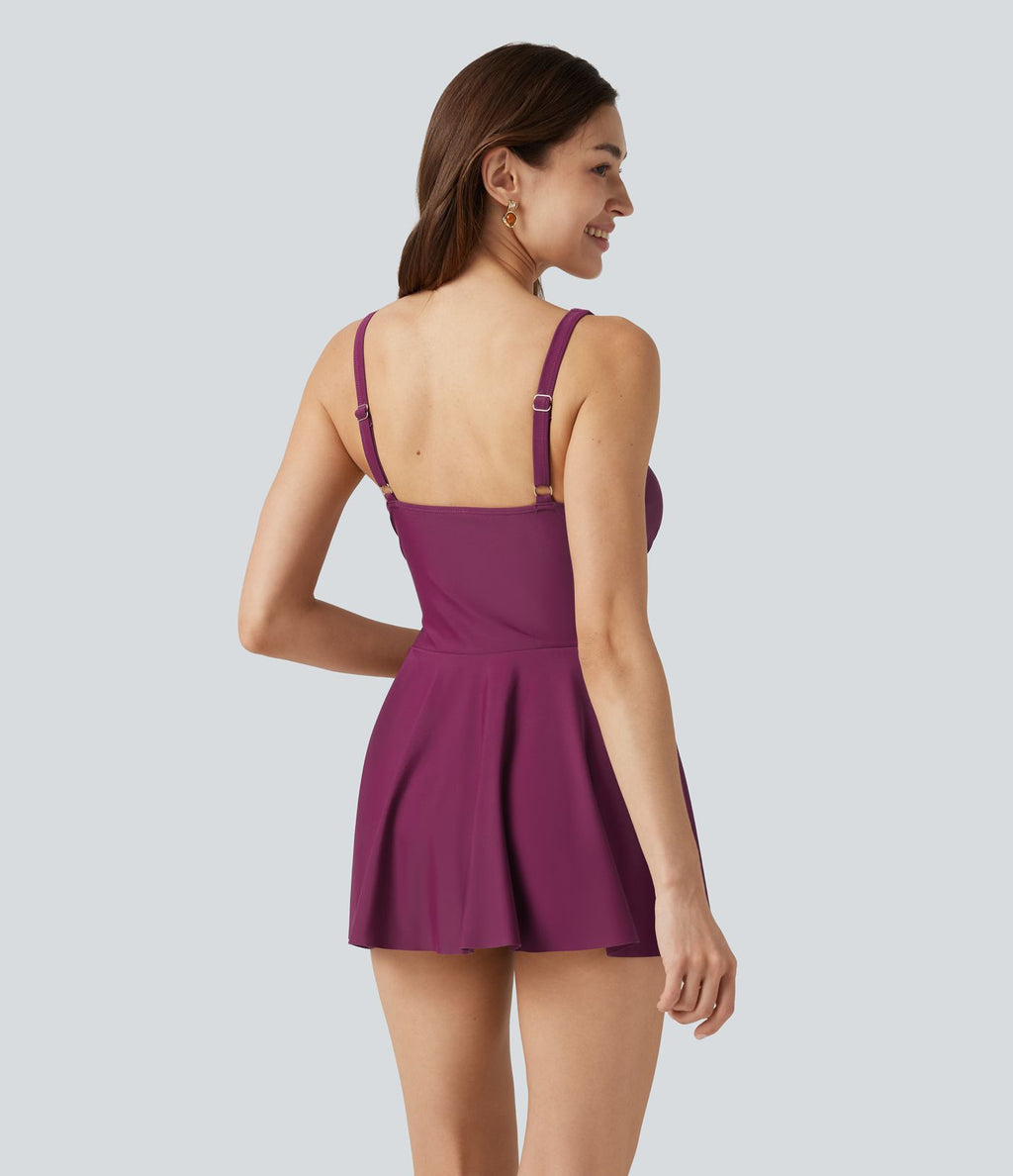 Maillot de bain robe une pièce décolleté en V, effet ventre plat, avec culotte intégrée