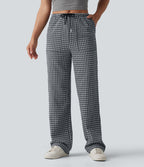 Pantalon casual coupe droite taille mi-haute vichy à cordon de serrage avec poches