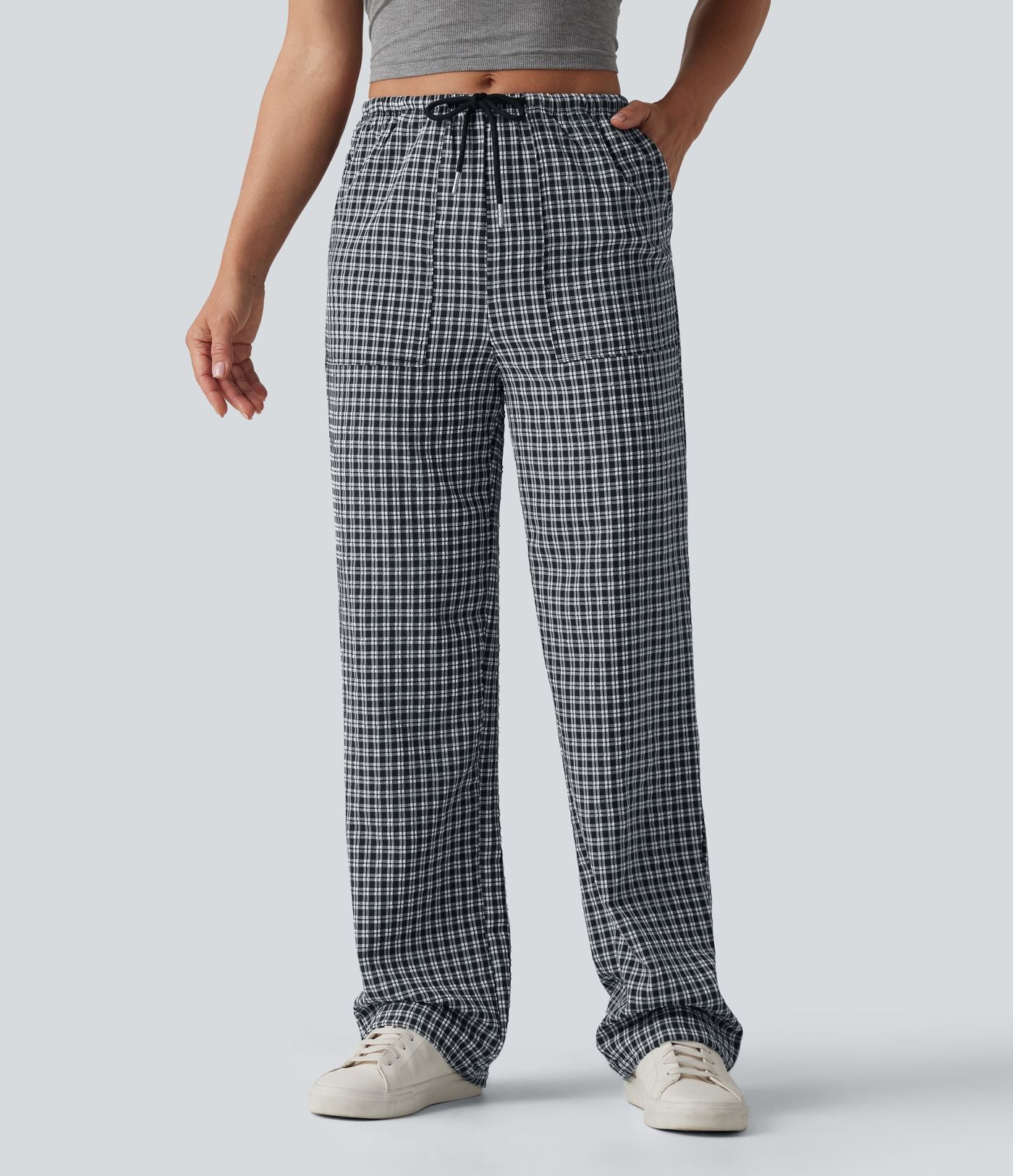 Pantalon casual coupe droite taille mi-haute vichy à cordon de serrage avec poches