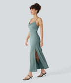 Robe Soirée Midi Encolure Côtelée Dos Nu Lacets Croisés Fendue