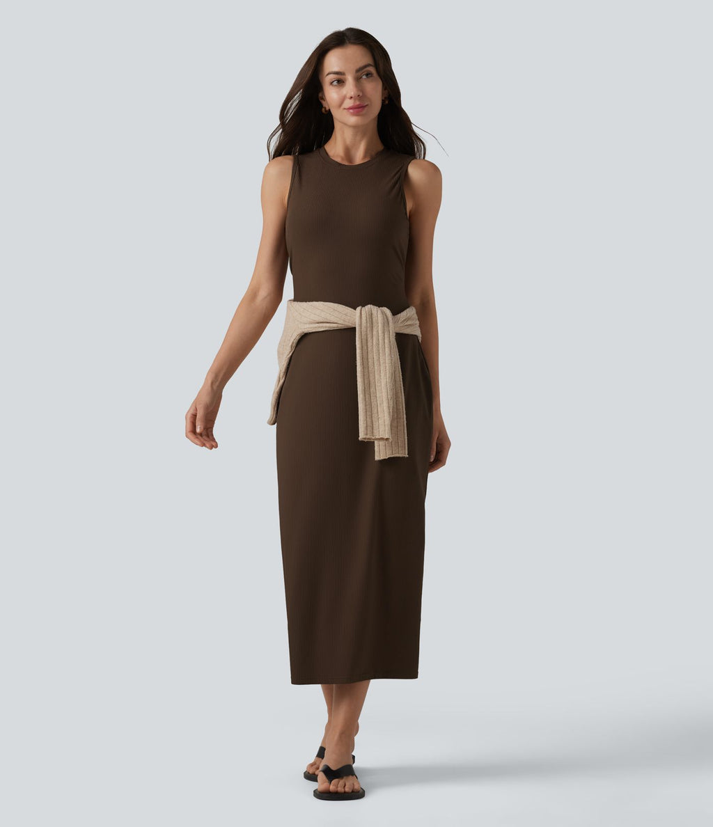 Robe midi moulante décontractée côtelée à col rond sans manches avec soutien-gorge intégré