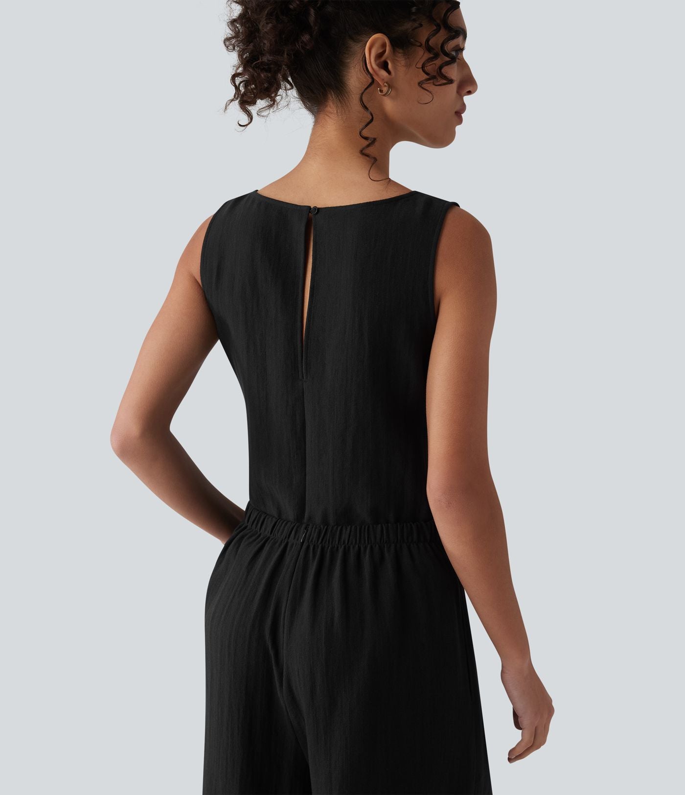 Combinaison casual aspect lin col rond échancré sans manches avec nœud frontal et poches – Easy Peasy
