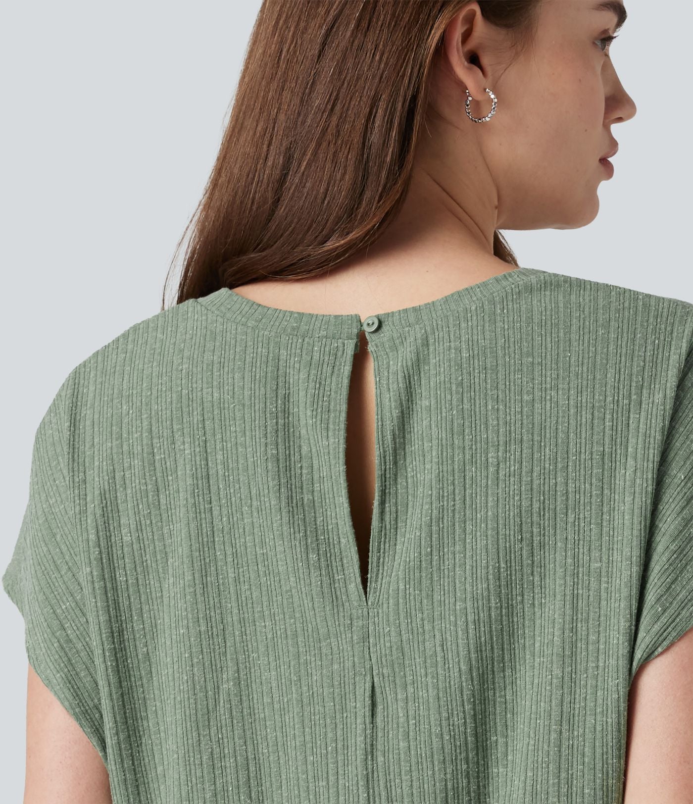 Robe mini décontractée 2-en-1 en maille côtelée mélange de lin, col V, manches courtes, coupe fluide