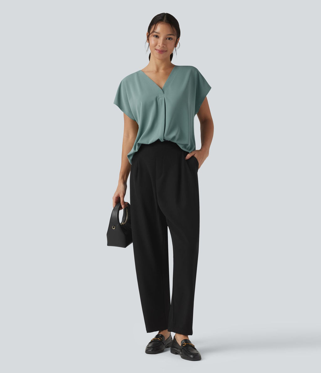 Blouse esprit bureau oversize défroissage facile, col V et manches courtes