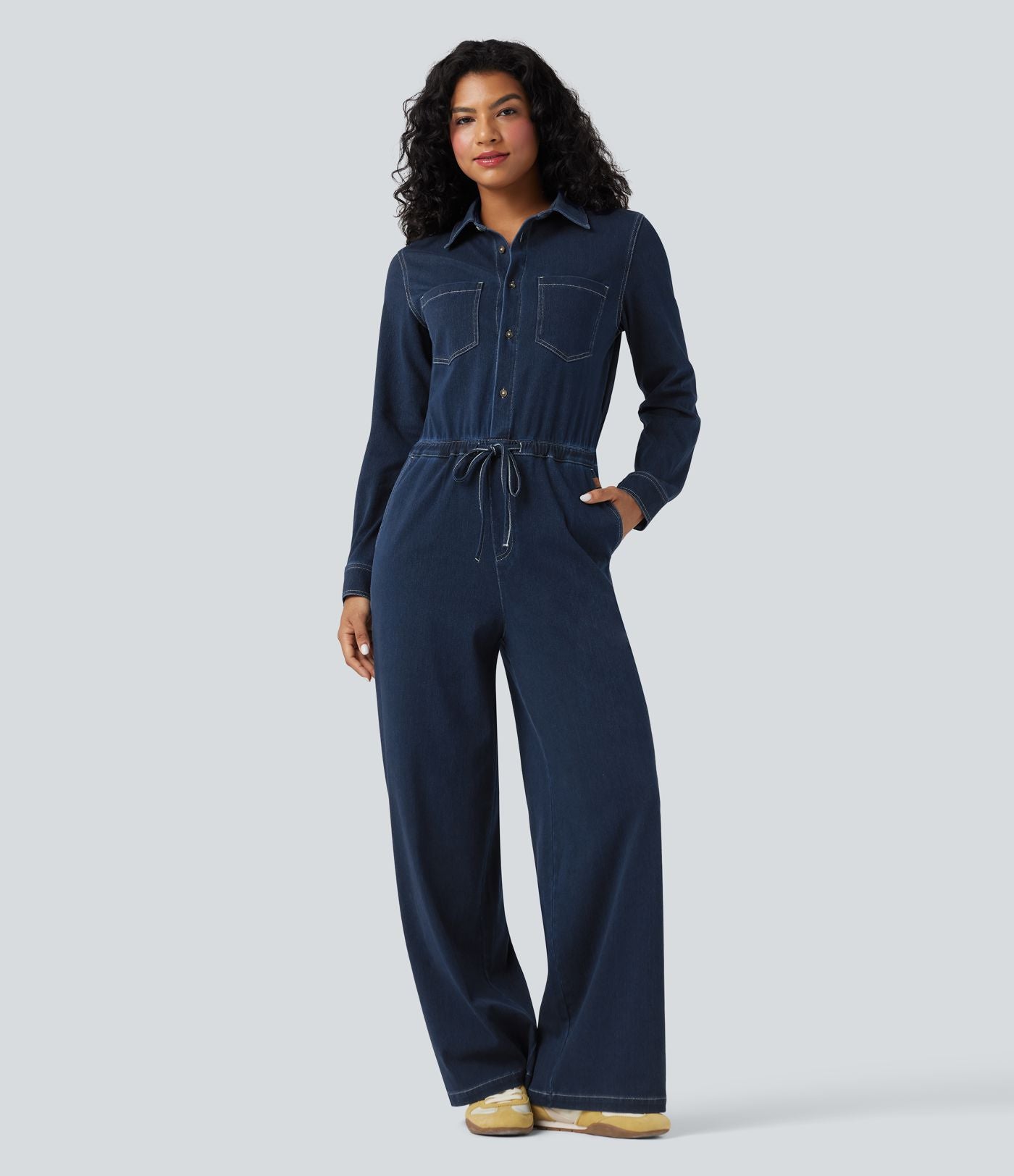 Combinaison denim délavé Halara Flex™ jambes larges manches longues avec cordon de serrage et poches - Édition Easy Peasy