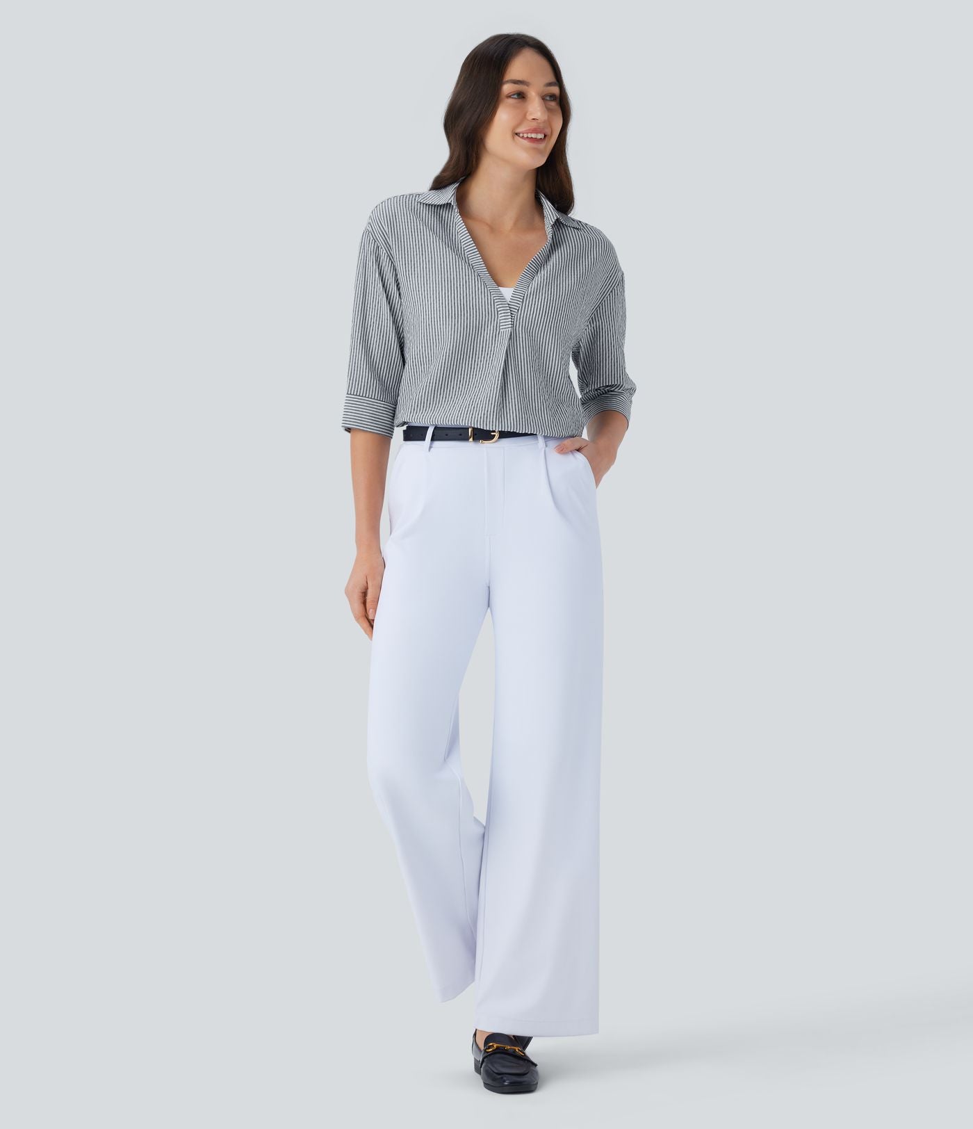 Chemisier rayé tailleur à manches mi-longues et ourlet arrondi