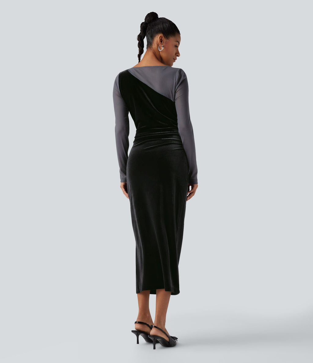 Robe de soirée midi en velours col rond à manches longues froncée avec mesh contrastant