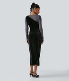 Robe de soirée midi en velours col rond à manches longues froncée avec mesh contrastant