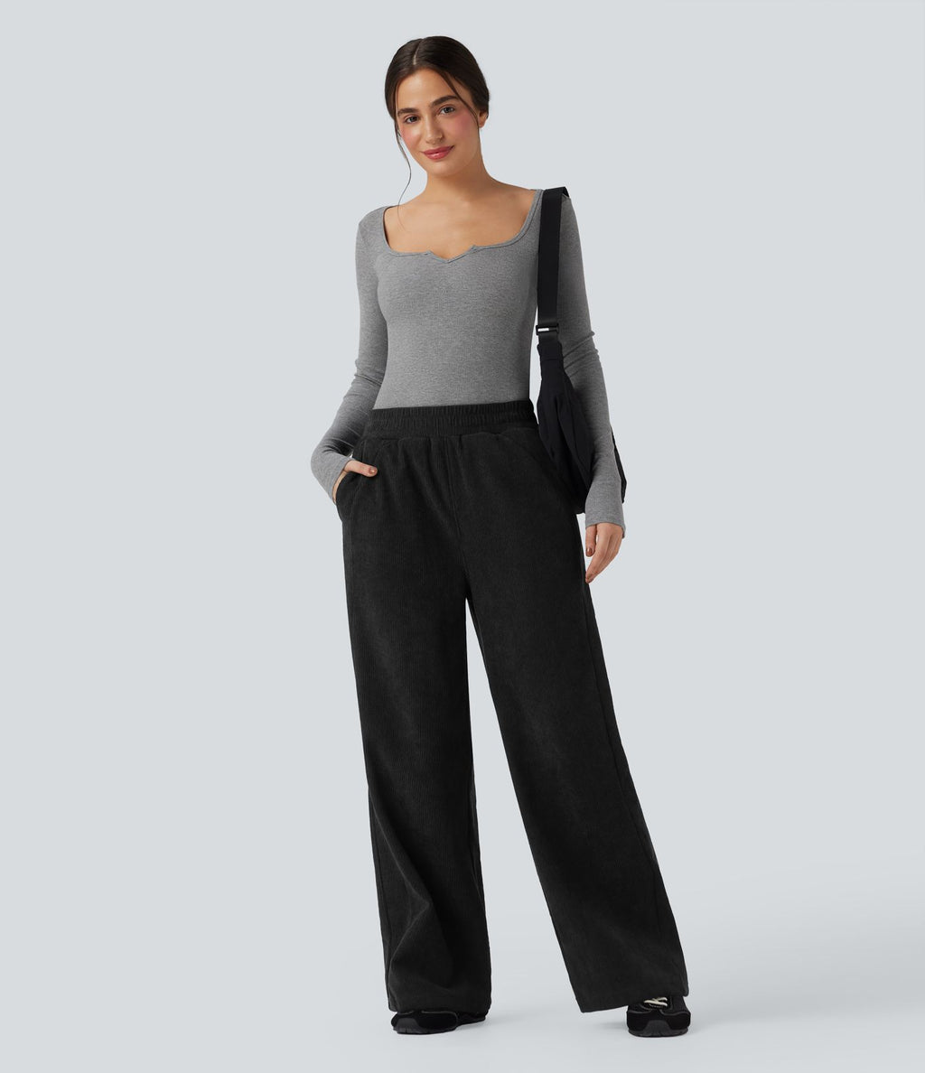 Pantalon droit en velours côtelé molletonné taille haute avec poches