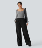 Pantalon droit en velours côtelé molletonné taille haute avec poches