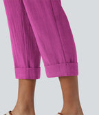 Pantalon capri effet lin taille haute avec poches zippées
