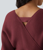 Robe-pull courte décontractée à col V croisé, manches chauve-souris longues et ceinture
