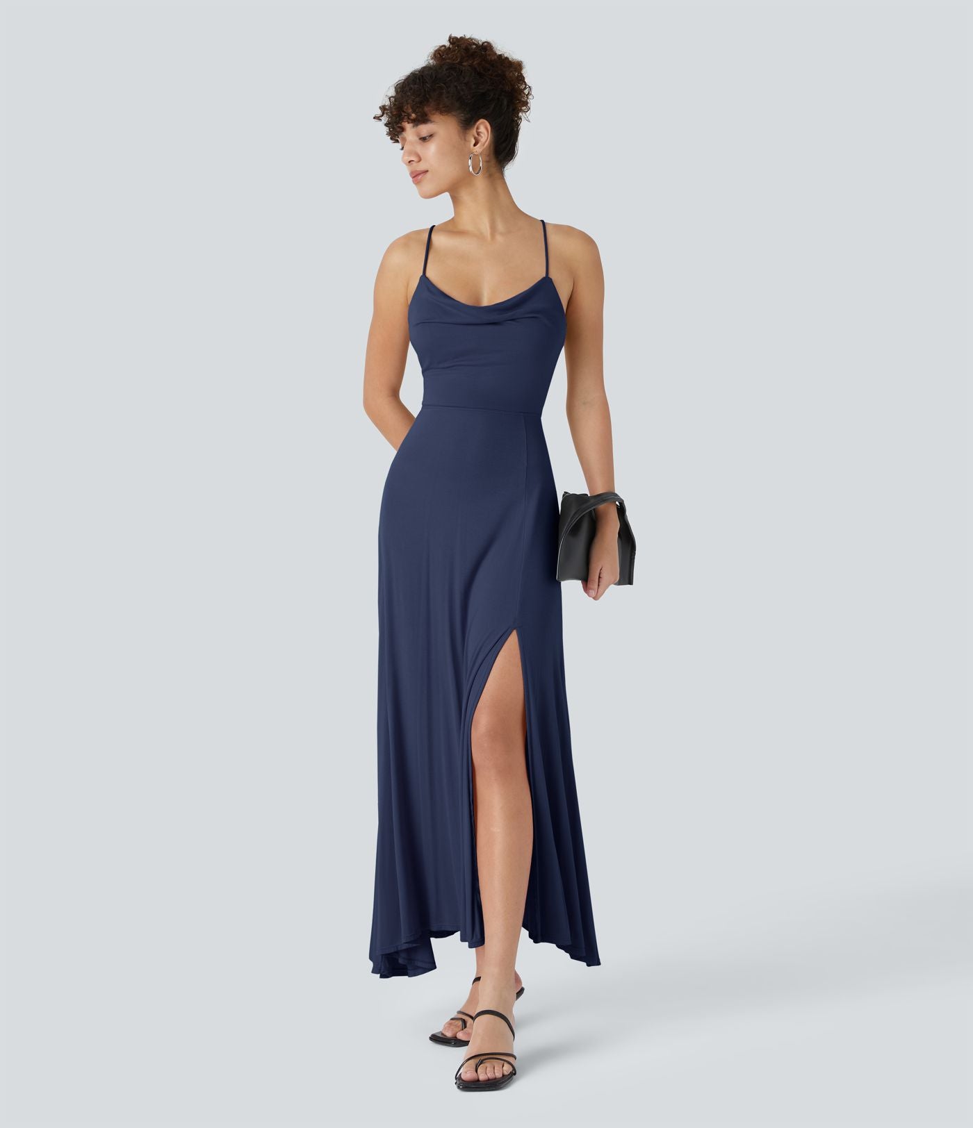 Robe Soirée Midi Encolure Côtelée Dos Nu Lacets Croisés Fendue