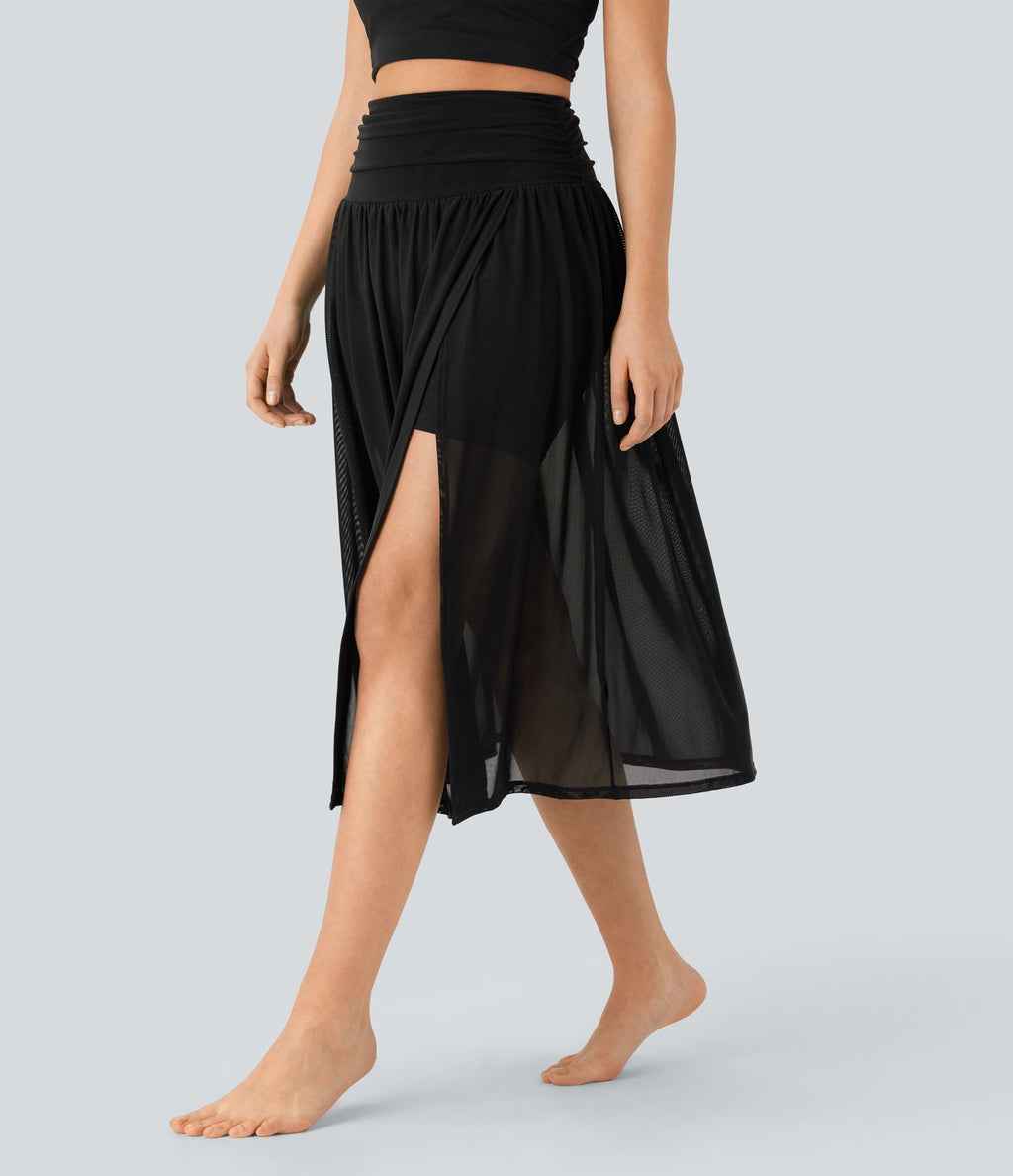 Jupe de danse mi-longue fluide 2-en-1 taille haute, fendue avec poche latérale
