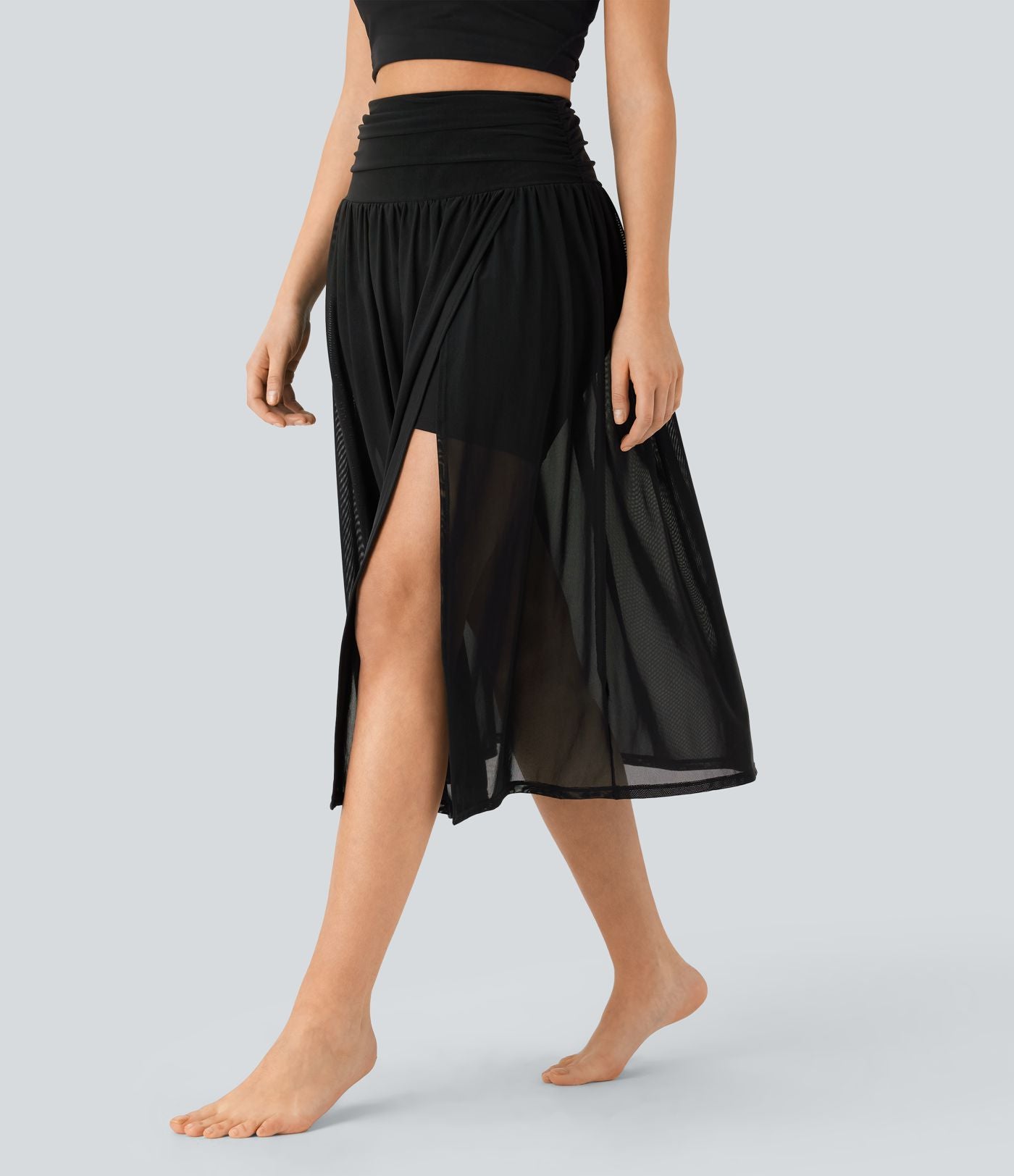 Jupe de danse mi-longue fluide 2-en-1 taille haute, fendue avec poche latérale