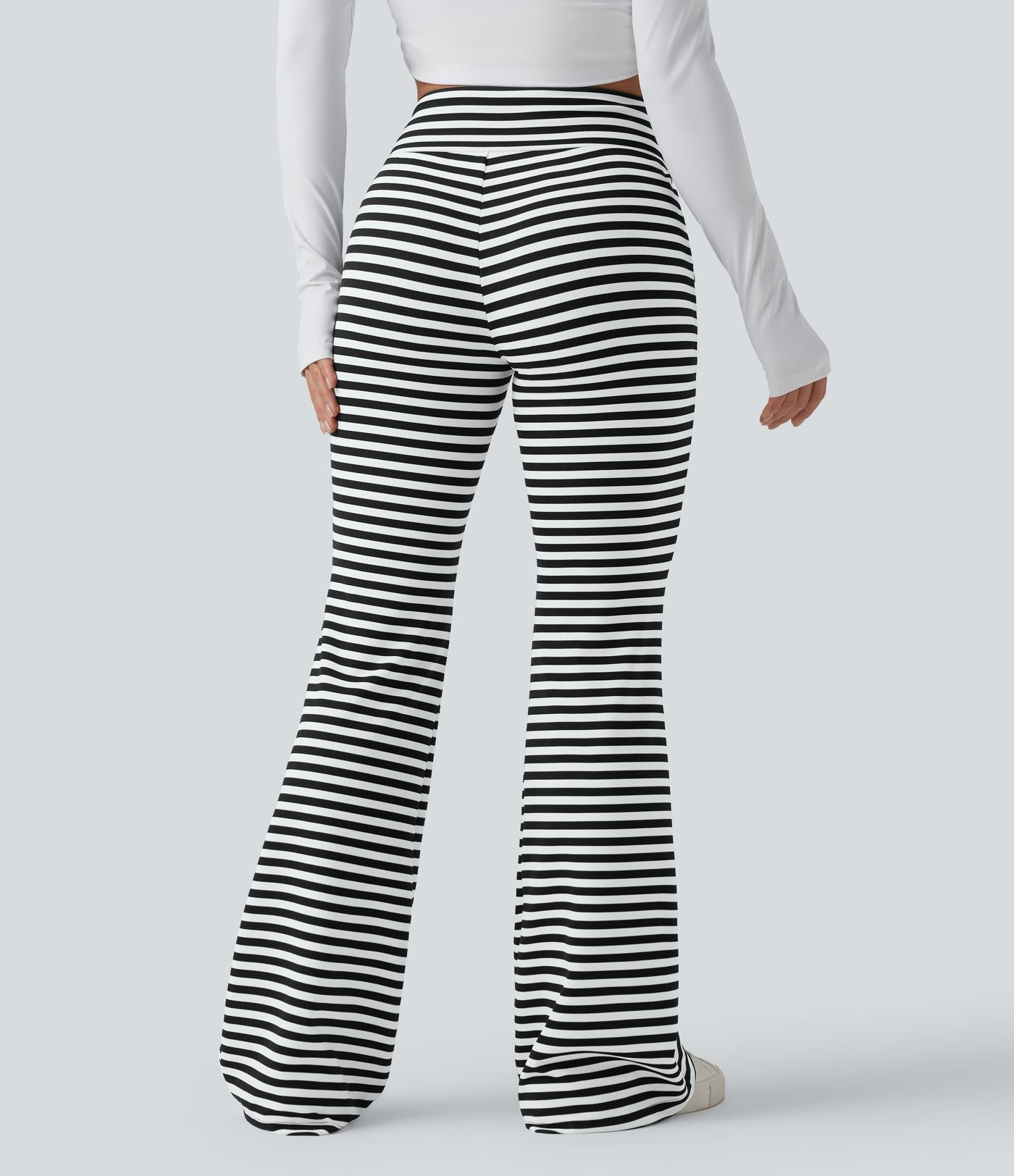 Pantalon évasé décontracté taille haute gainant à rayures en tissu gaufré avec cordon de serrage et poches
