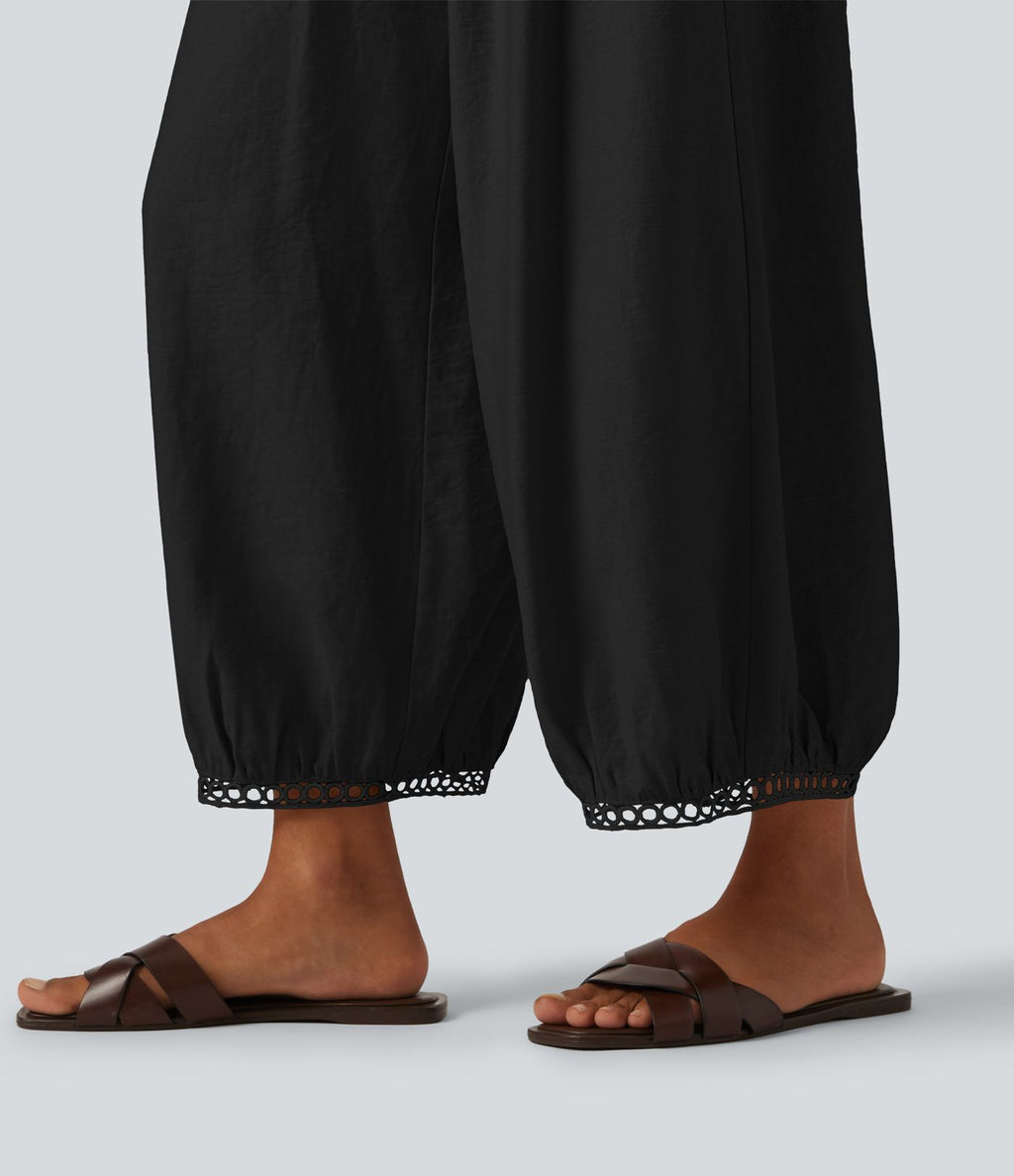 Pantalon casual barrel longueur 7/8 taille mi-haute à bordure ajourée avec poches