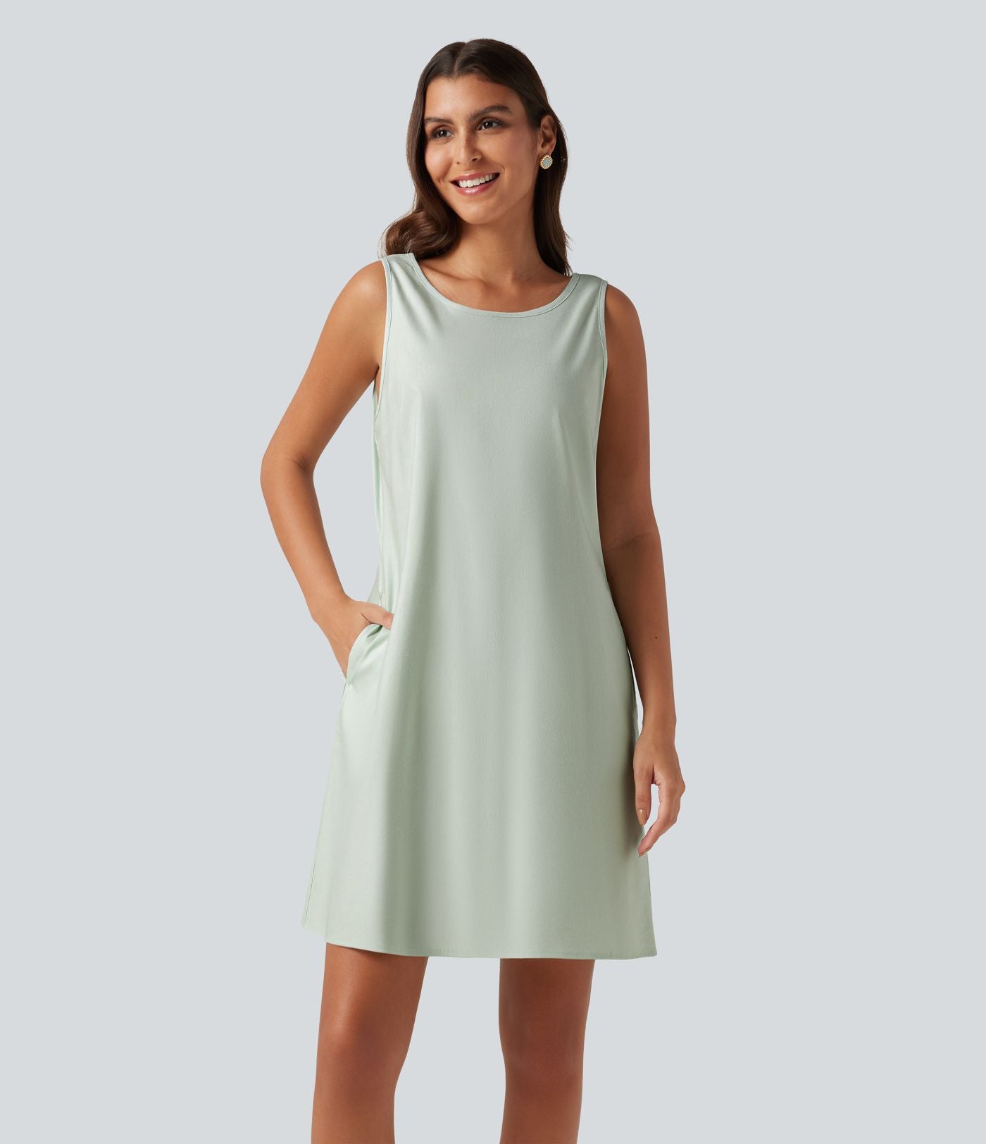 Robe mini sans manches en coton et lin à col rond avec poches
