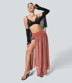 Jupe Casual Taille Haute Maxi Fluide Mesh Fente Plissée 2 en 1