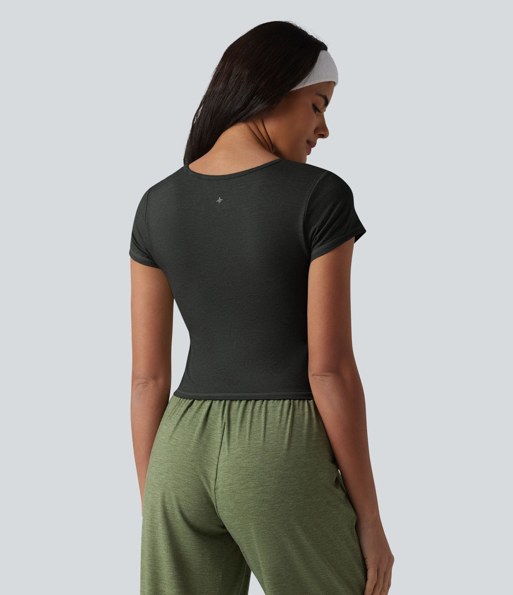 Haut de sport raccourci encolure carrée à manches courtes avec soutien-gorge intégré