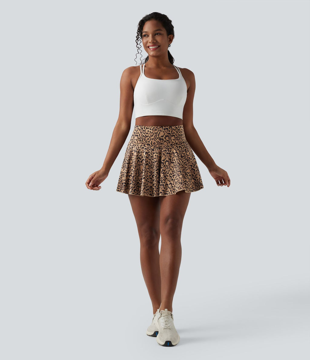 Jupe-short de tennis mini taille haute évasée imprimé léopard avec poches