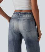 Jogging jean décontracté en molleton French Terry imprimé denim taille mi-haute avec poches