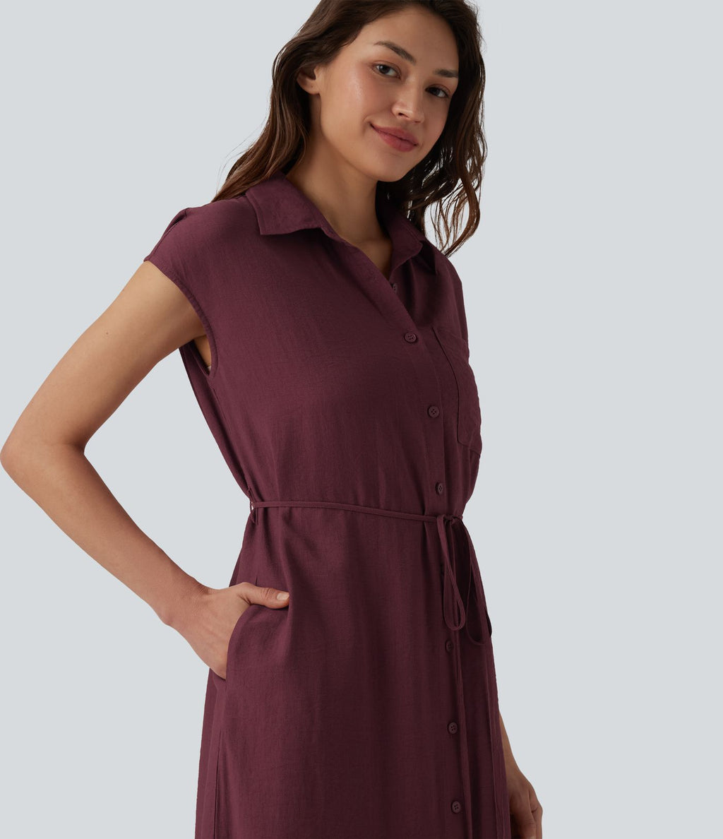 Robe chemise casual mi-longue col manches courtes ceinturée ourlet arrondi avec fente et poches