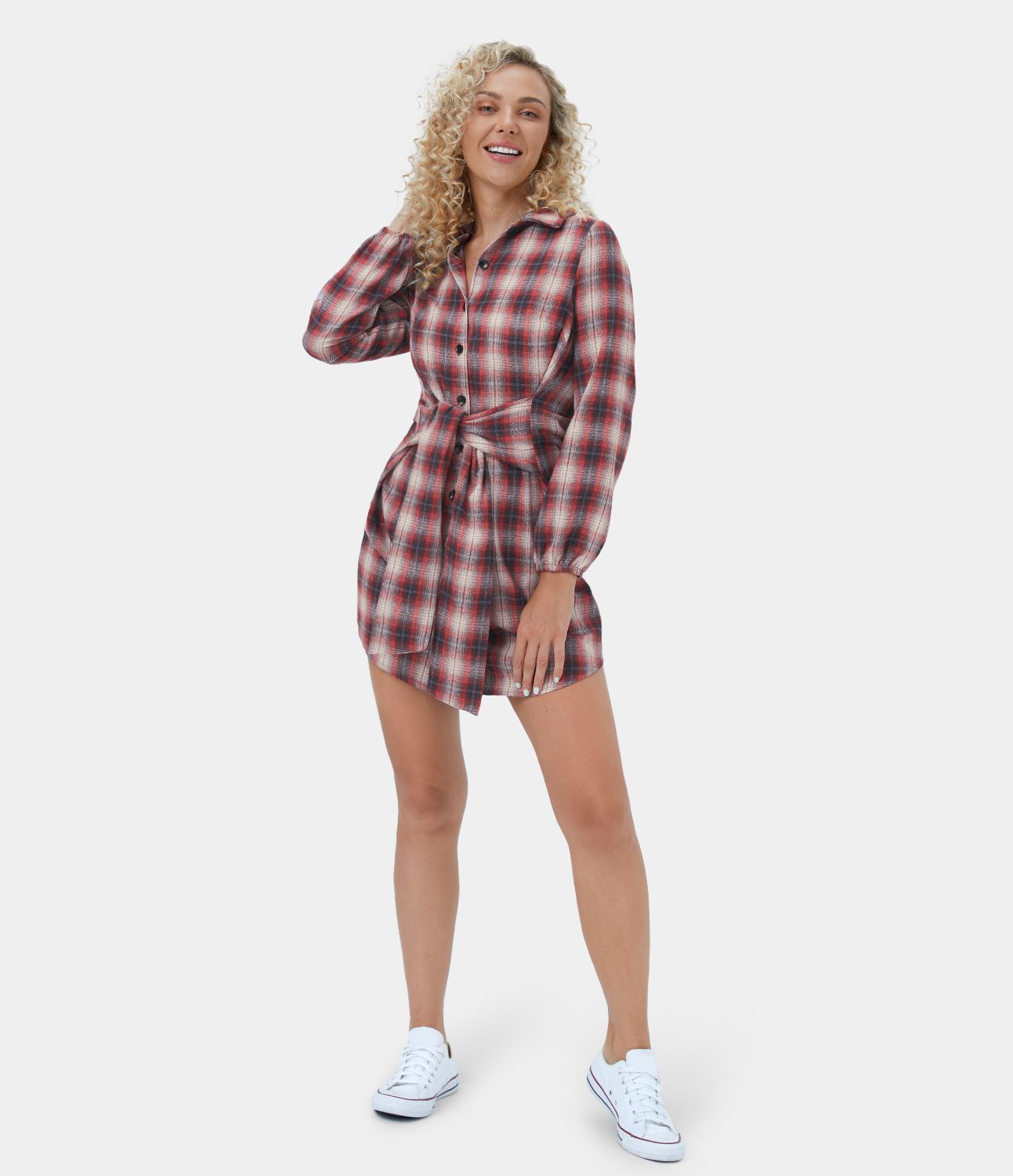 Robe Casual de Mini à Carreaux avec Col Boutons et Nœud à l'Avant