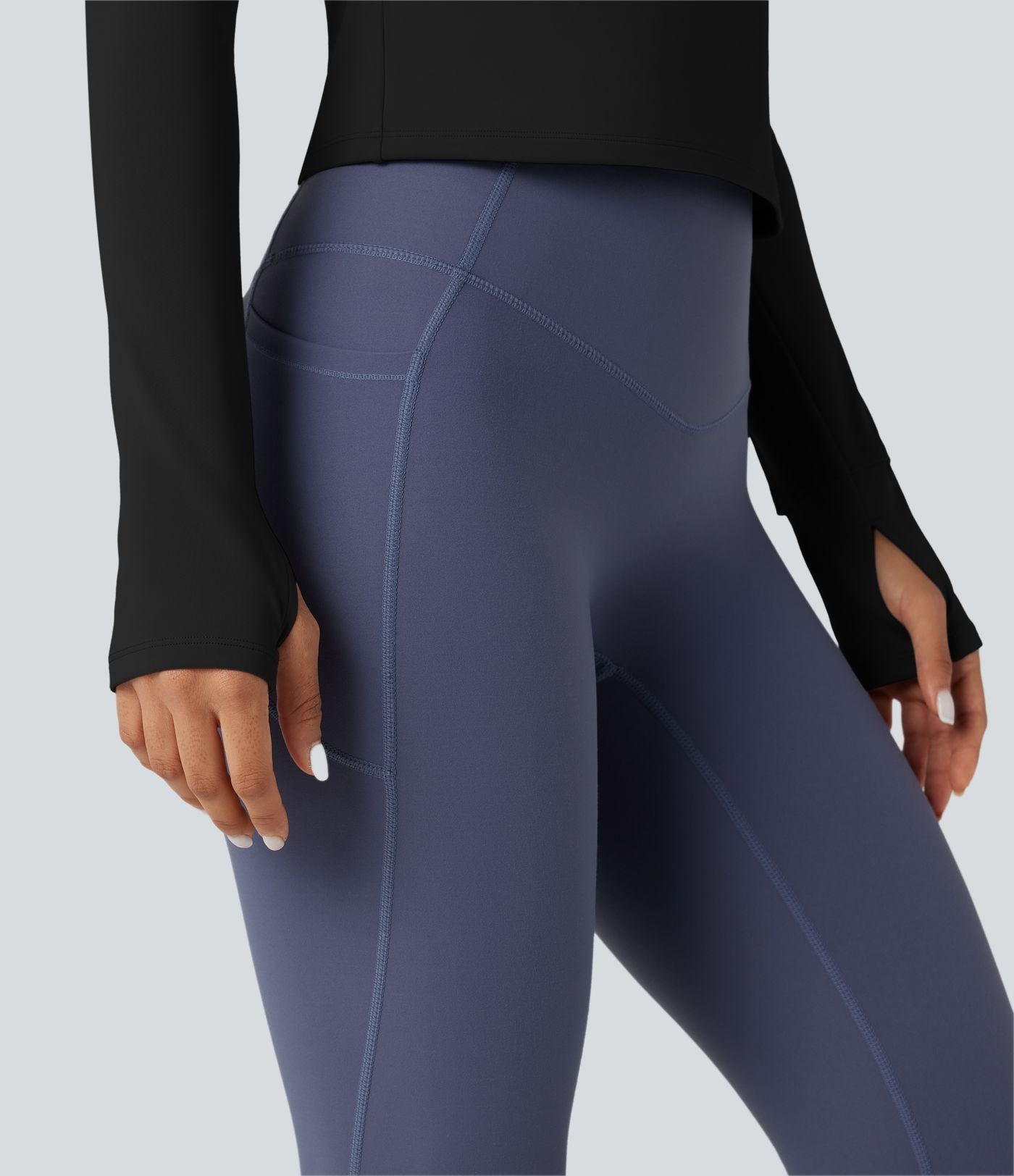 Top de sport yoga polaire col rond manches longues avec trous pouces