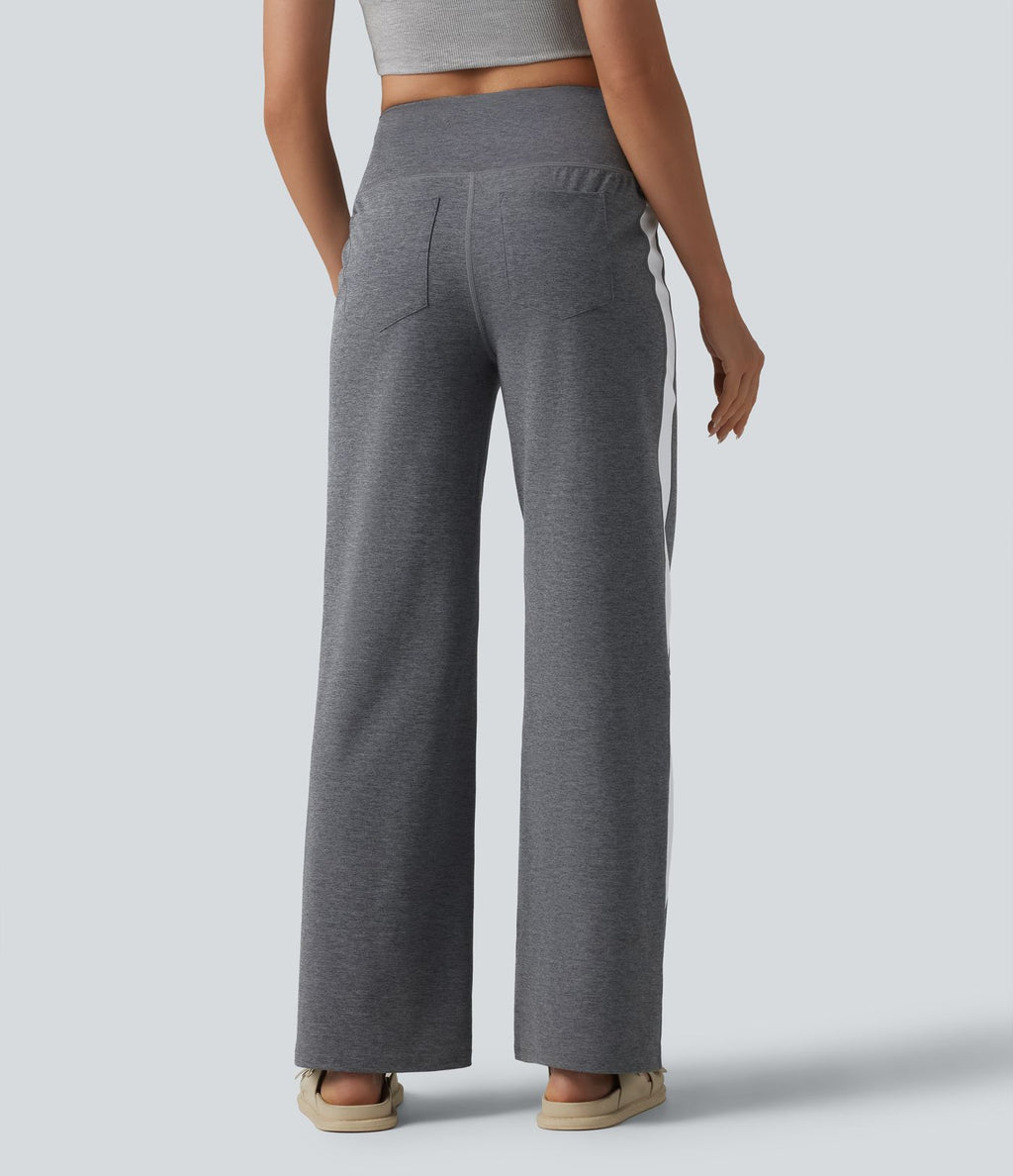 Pantalon droit taille haute à rayures séchage rapide avec poches
