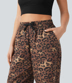 Pantalon casual taille haute cordon jambe droite imprimé léopard avec poches